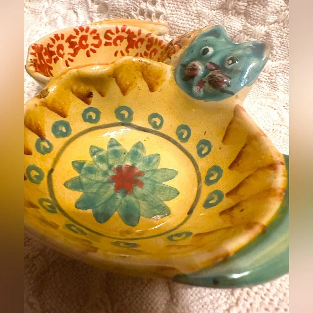 MODIGLIANI VIA CONDOTTI ROMA ITALY CAT DOUBLE BOWL POTTERY DISH NUT RELISH 6